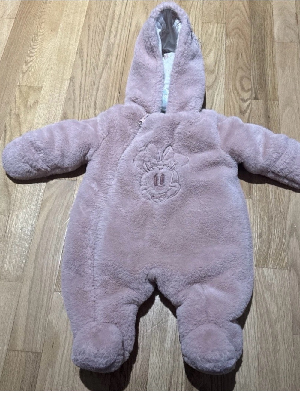 Plush Hooded Baby Footie in Light Pink with Character Embroidery